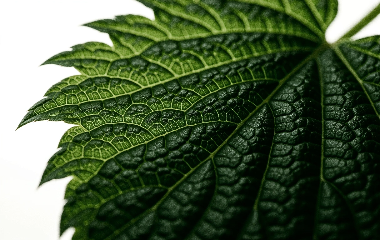 Detailaufnahme eines Heilkräuterblattes mit Fokus auf die botanische Struktur.
